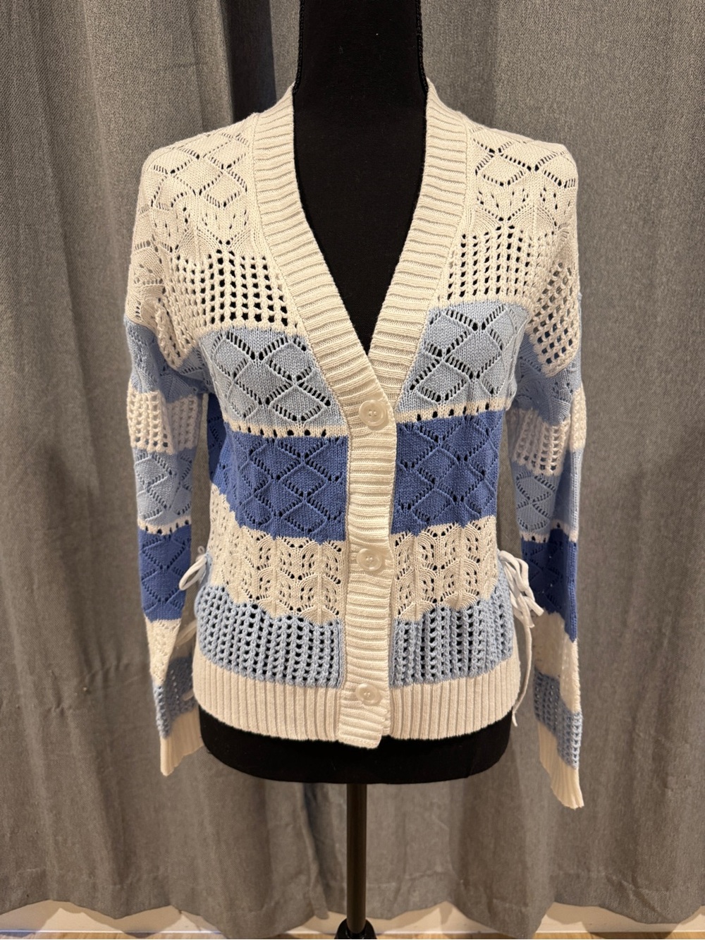 NWT-Cream and Blue Striped Open-Knit Cardigan Sweater